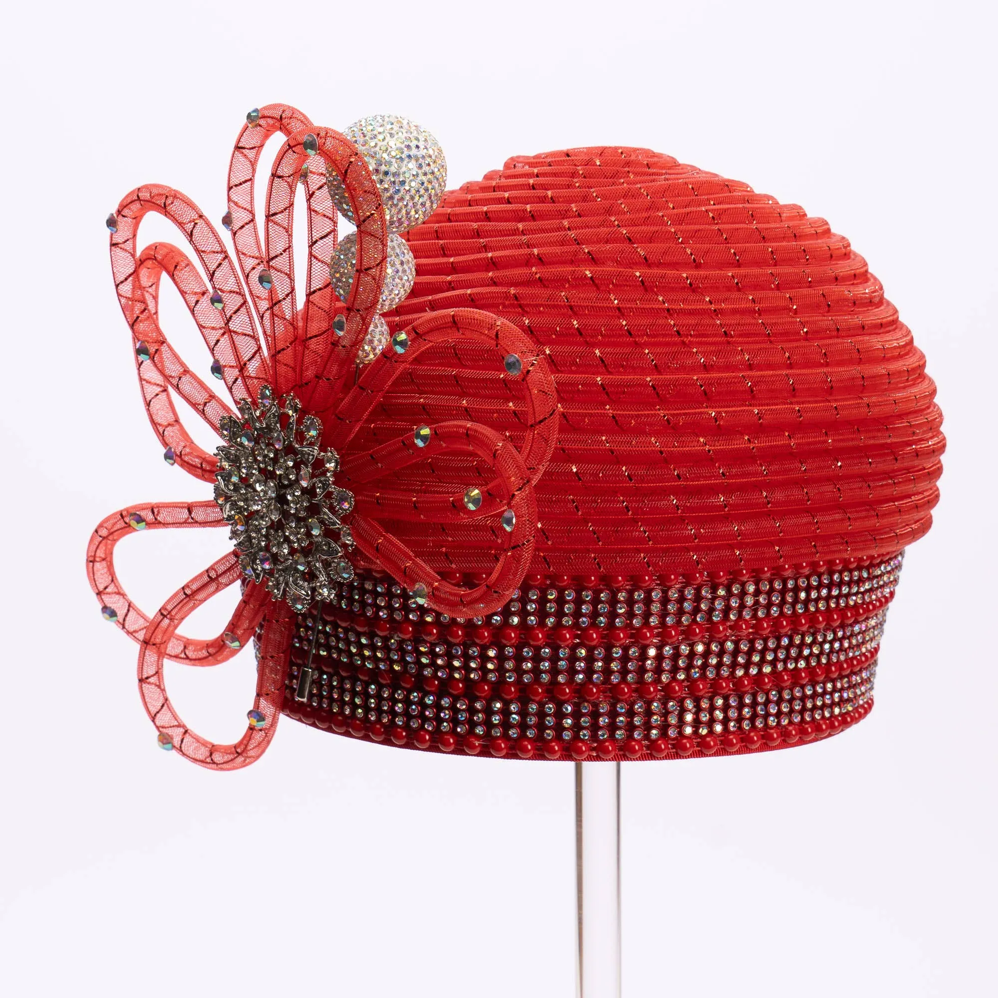 Crinoline Tube Stone Hat Pin Round Pillbox: Red