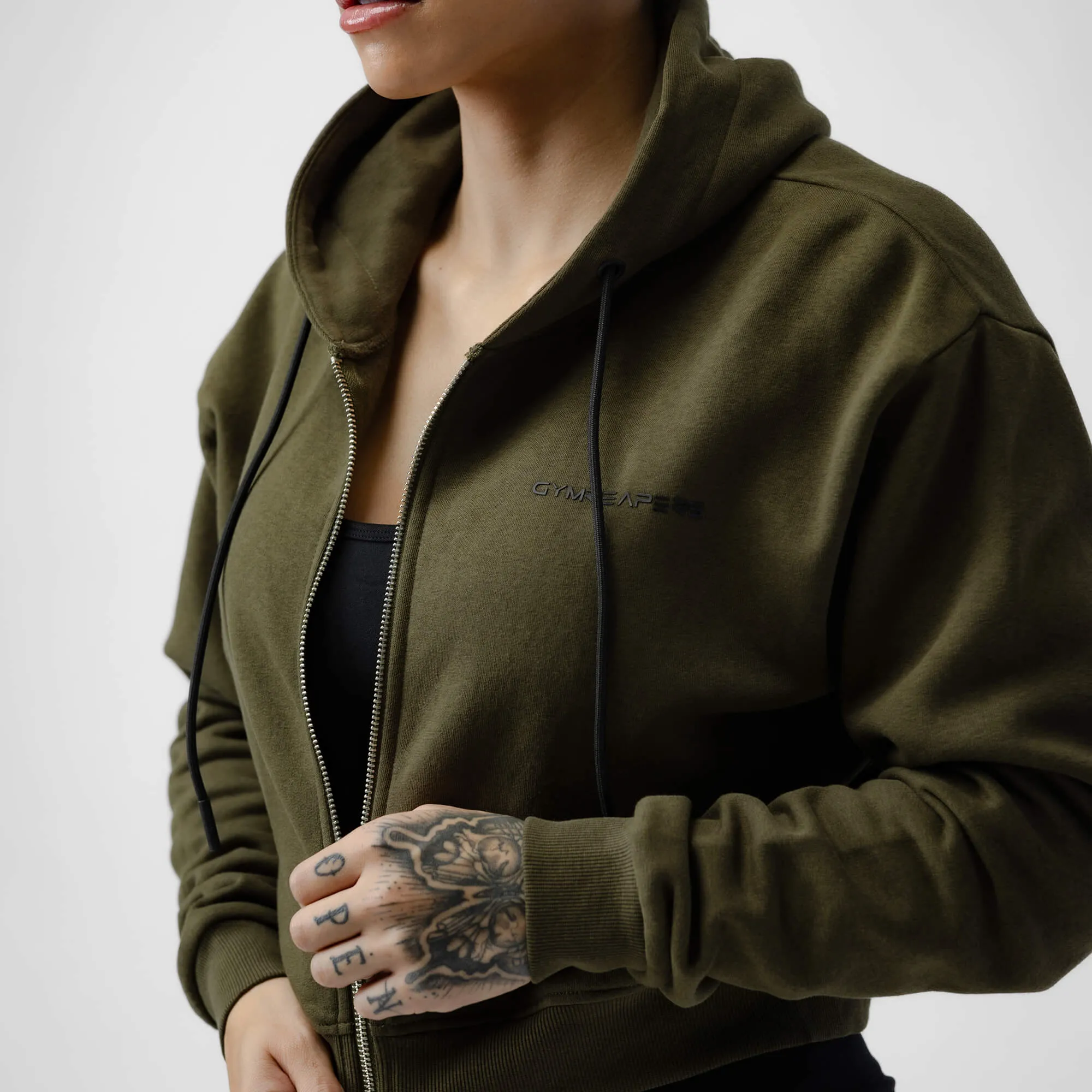 Cropped Zip-Up Hoodie - OD Green/Black