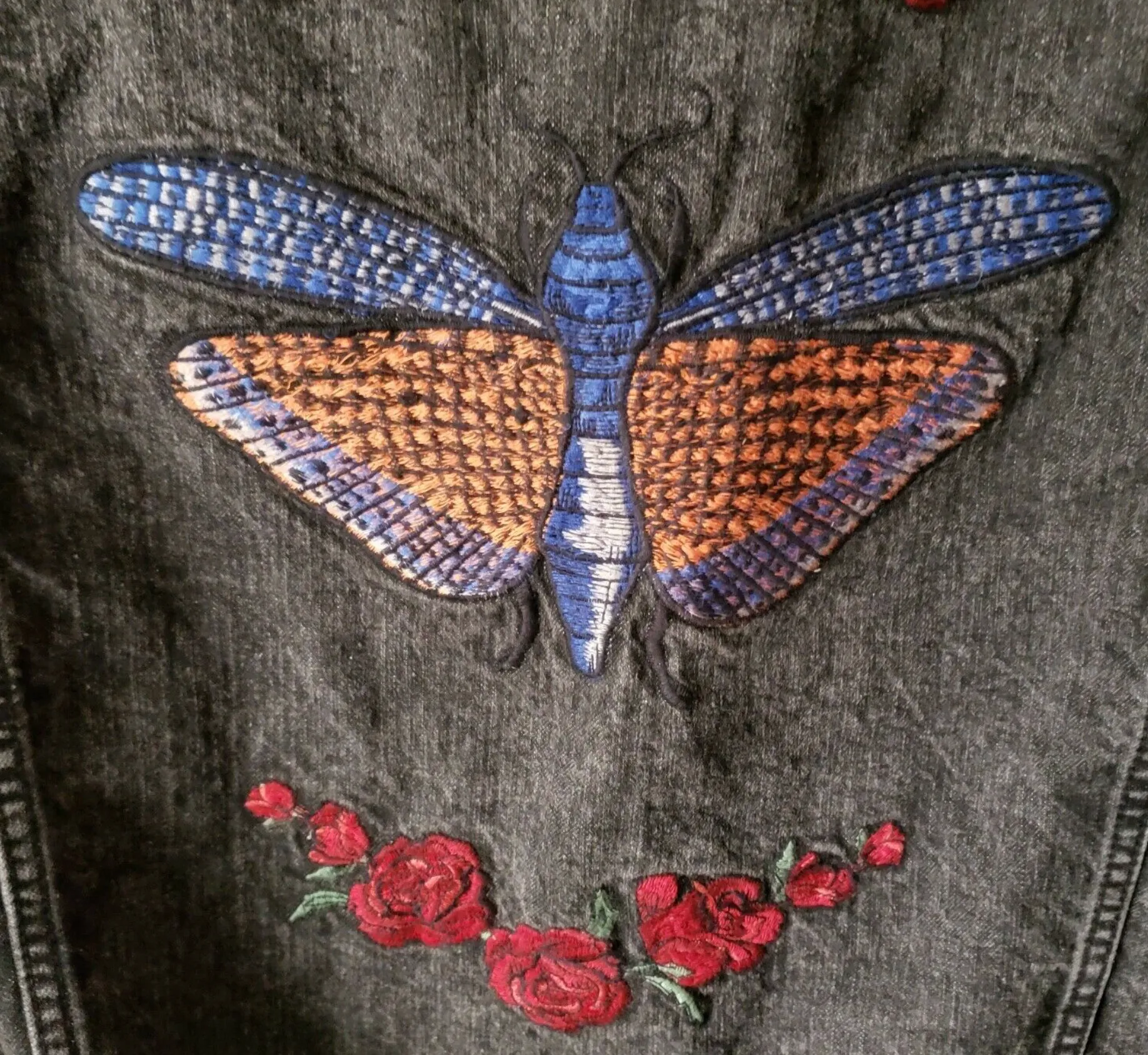 Custom Embroidered Moth Butterfly Red Roses Acid Washed Jean Jacket