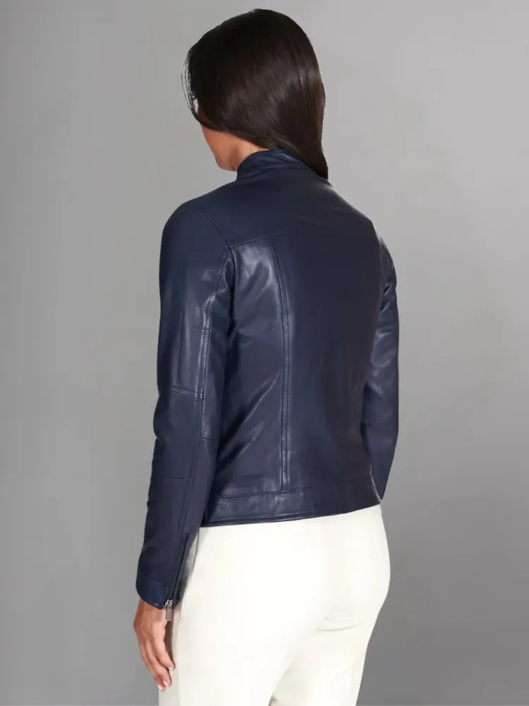 Custom Made Navy Blue Leather Motorcycle Jacket for Women