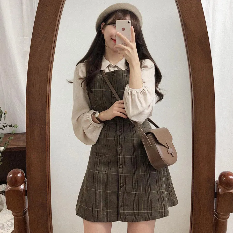 Cute Mini Sleeveless Vest Style Design Retro Vintage Plaid Button Shirt Dress