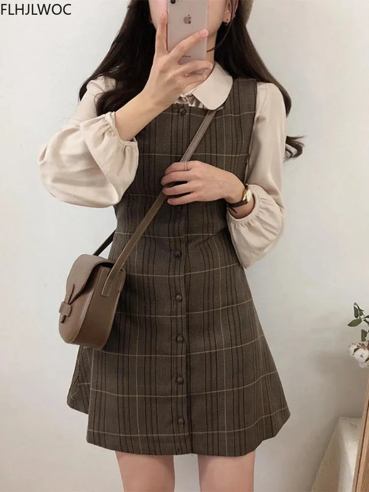 Cute Mini Sleeveless Vest Style Design Retro Vintage Plaid Button Shirt Dress