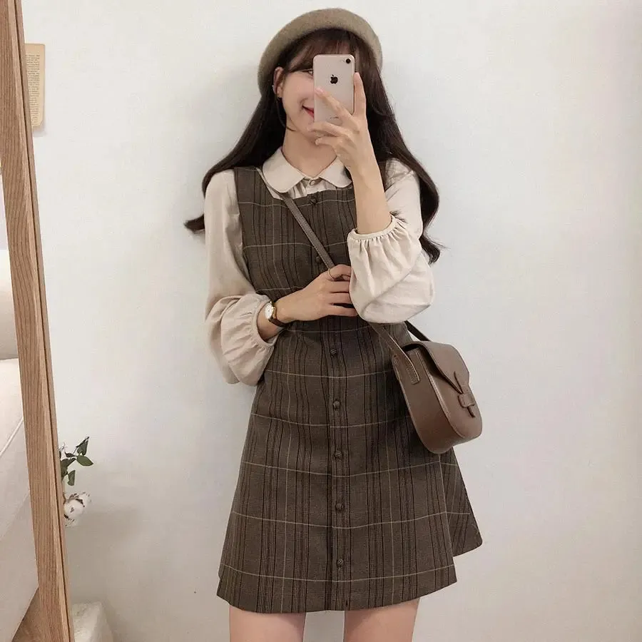 Cute Mini Sleeveless Vest Style Design Retro Vintage Plaid Button Shirt Dress