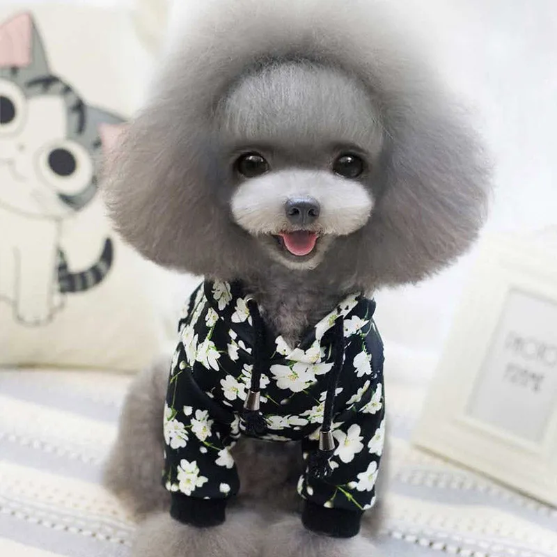 Cute White Floral Pattern Warm Coat Black Puppy Hoodie