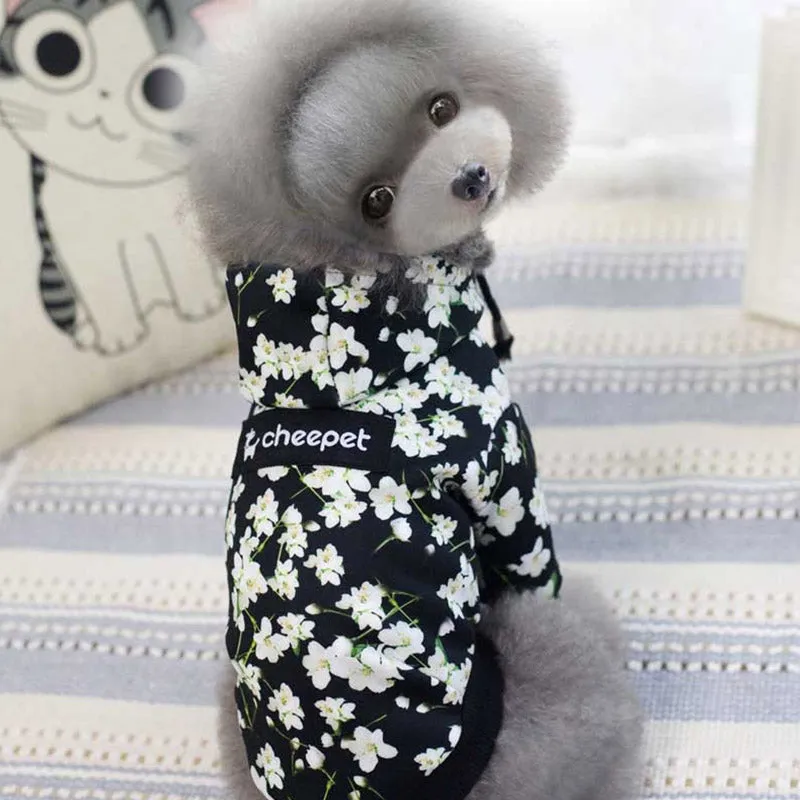 Cute White Floral Pattern Warm Coat Black Puppy Hoodie