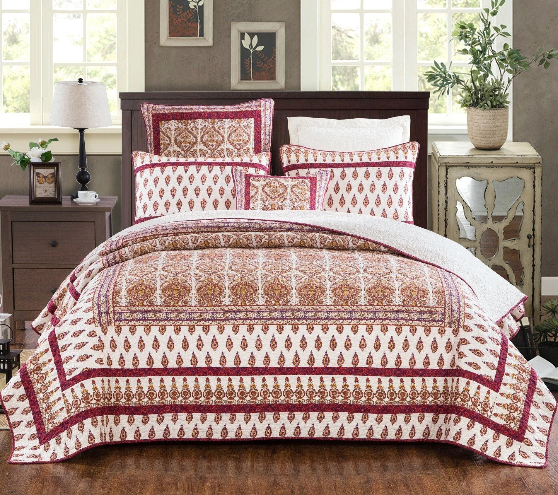 DaDa Bedding Bohemian Moroccan Tear Drop Rubies Paisley Cotton Bedspread Set (JHW-653)