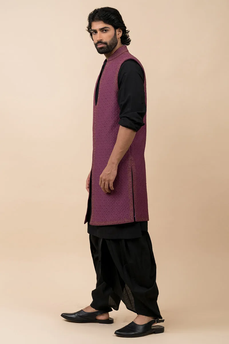 Dark Purple Zari Quilted Sleeveless Sherwani