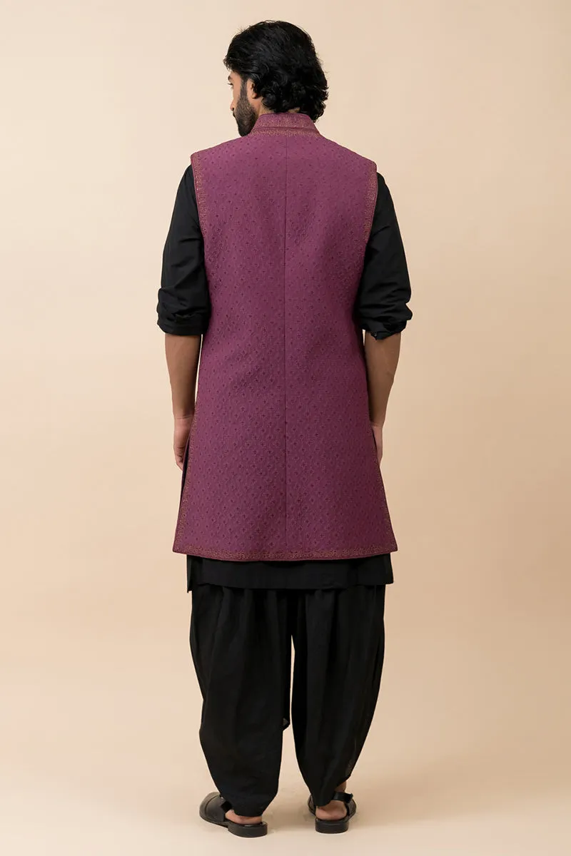 Dark Purple Zari Quilted Sleeveless Sherwani