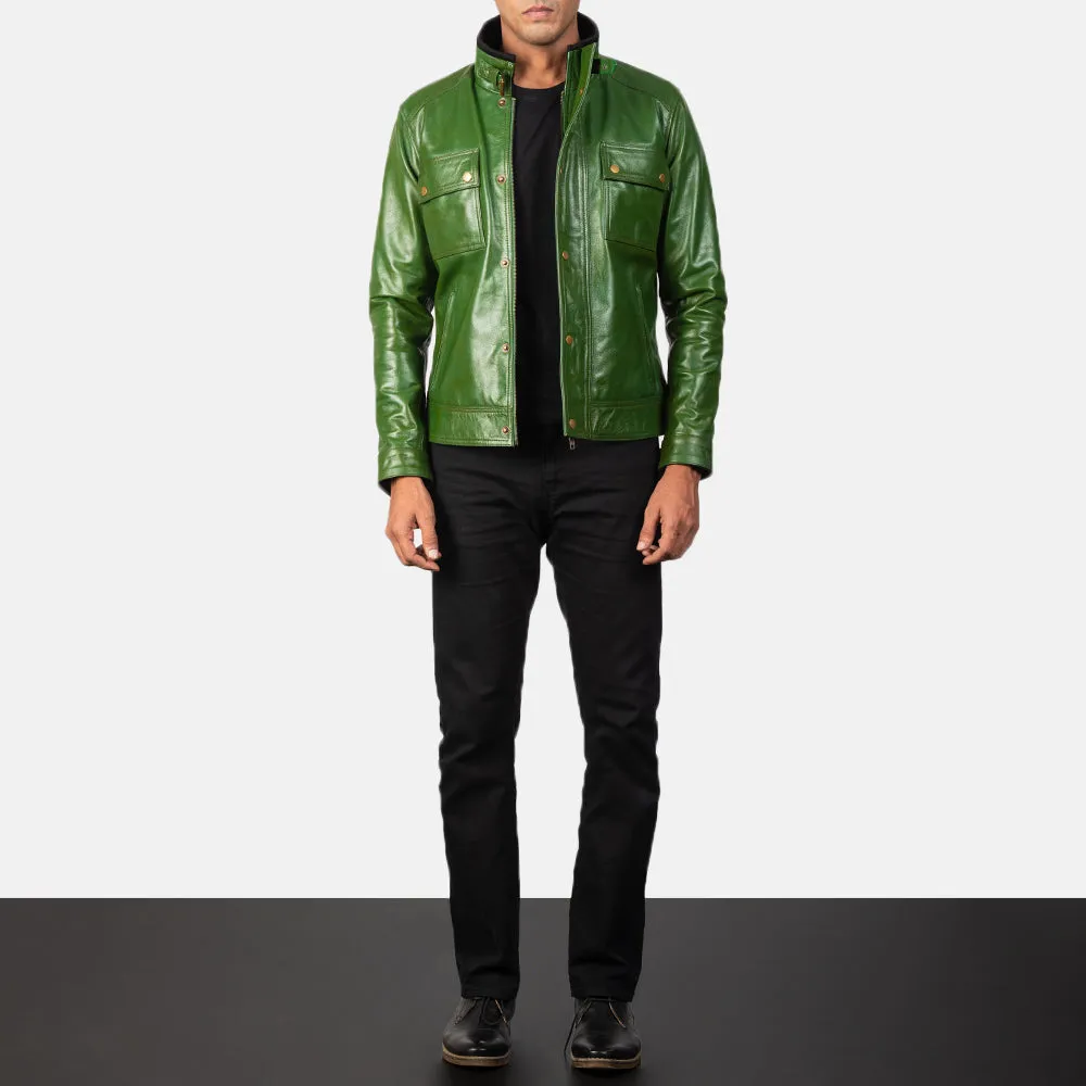 Darren Distressed Green Leather Biker Jacket