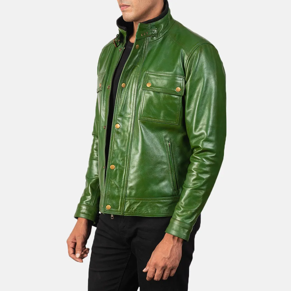 Darren Distressed Green Leather Biker Jacket