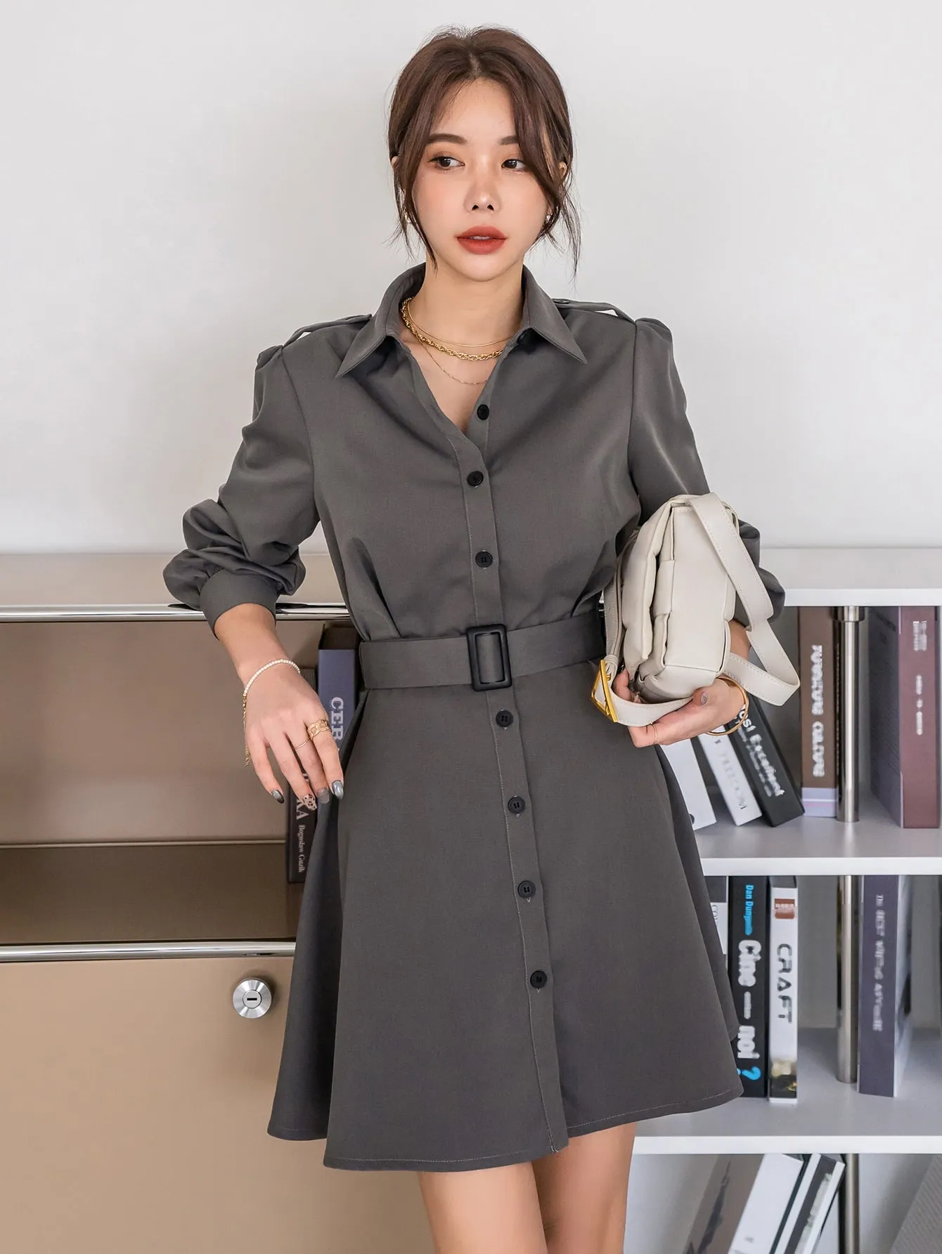 DAZY Button Front Belted Shirt Dress