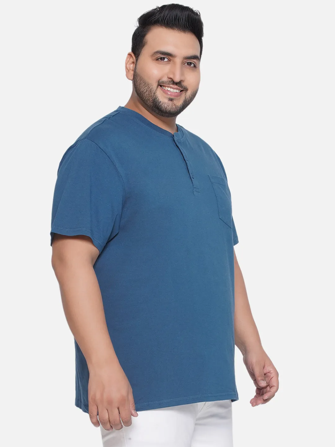 Denver Hayes - Plus Size Men's Regular Fit Pure Cotton Teal Solid Henley Neck Half Sleeve T-Shirt