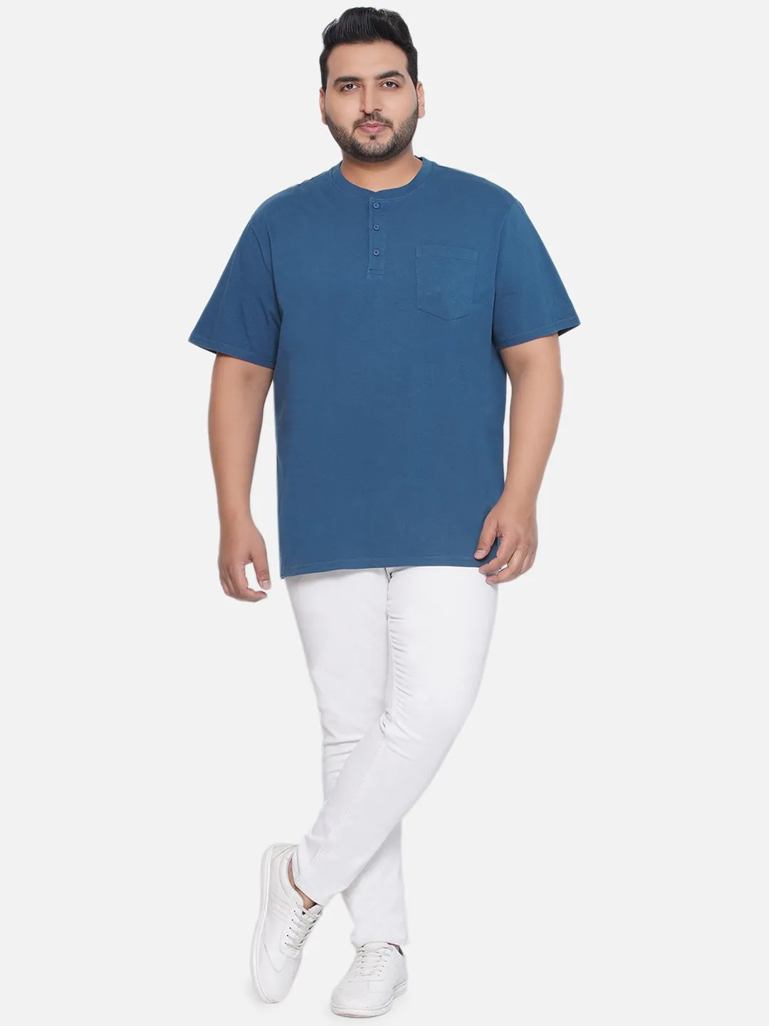 Denver Hayes - Plus Size Men's Regular Fit Pure Cotton Teal Solid Henley Neck Half Sleeve T-Shirt