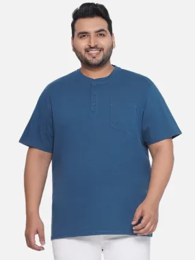 Denver Hayes - Plus Size Men's Regular Fit Pure Cotton Teal Solid Henley Neck Half Sleeve T-Shirt