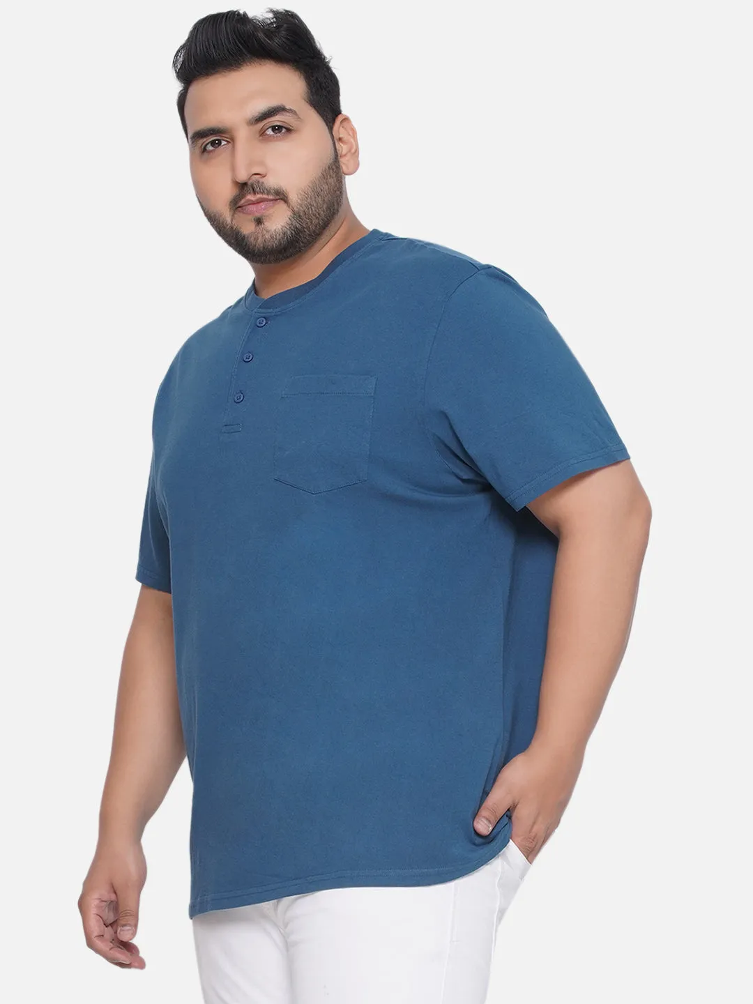 Denver Hayes - Plus Size Men's Regular Fit Pure Cotton Teal Solid Henley Neck Half Sleeve T-Shirt