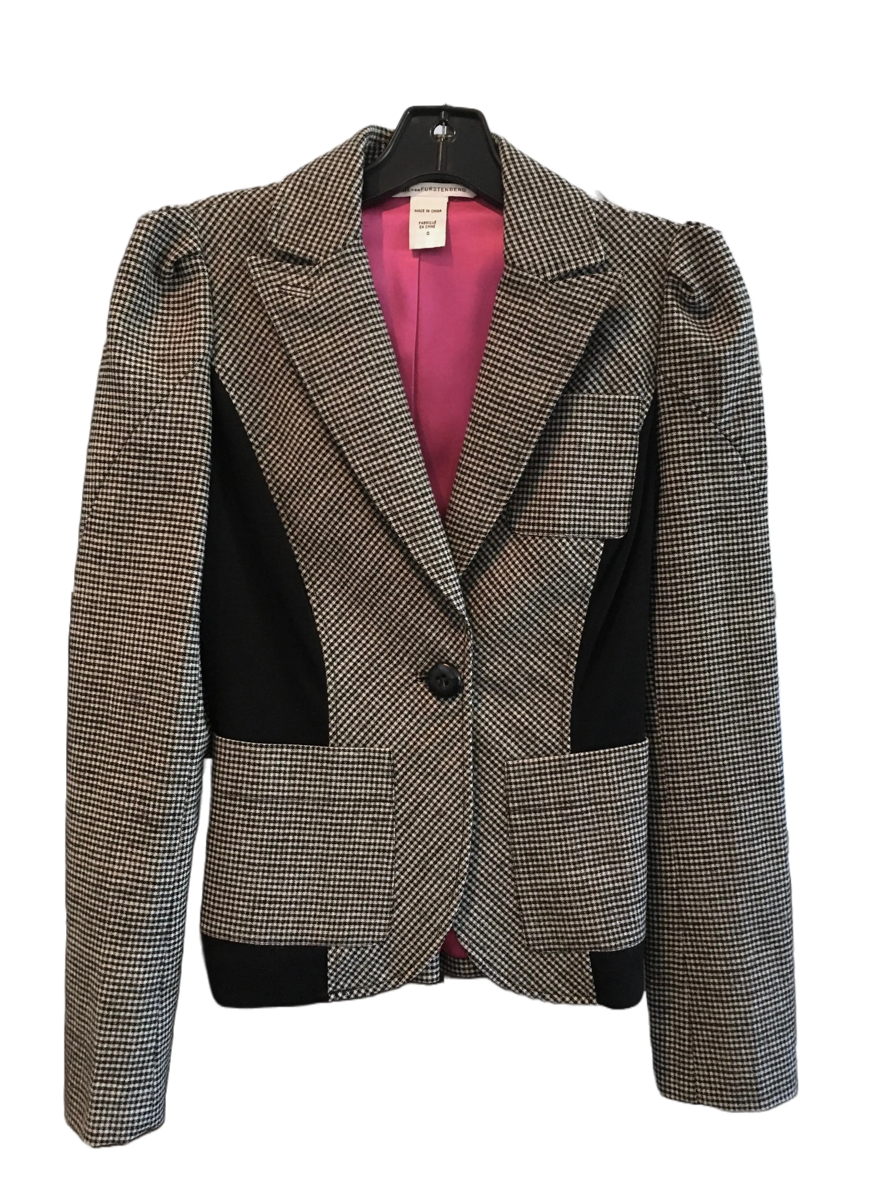 DIANE VON FURSTENBERG black and white stretch wool check blazer, notch lapel, elbow patches, mini peplum on back, 0