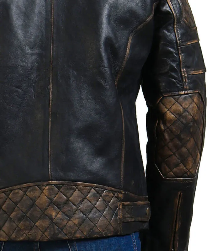 Distressed Black Diamond Quilted Biker Jacket