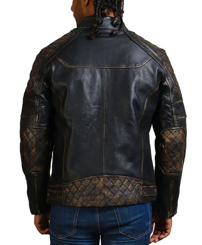 Distressed Black Diamond Quilted Biker Jacket