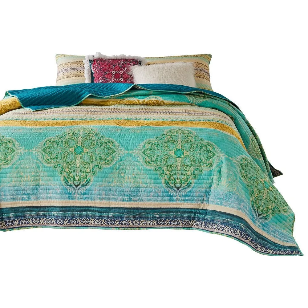 Dora 3 Piece Bohemian Full Quilt Set, Medallion, Paisley, Blue, Green By Casagear Home