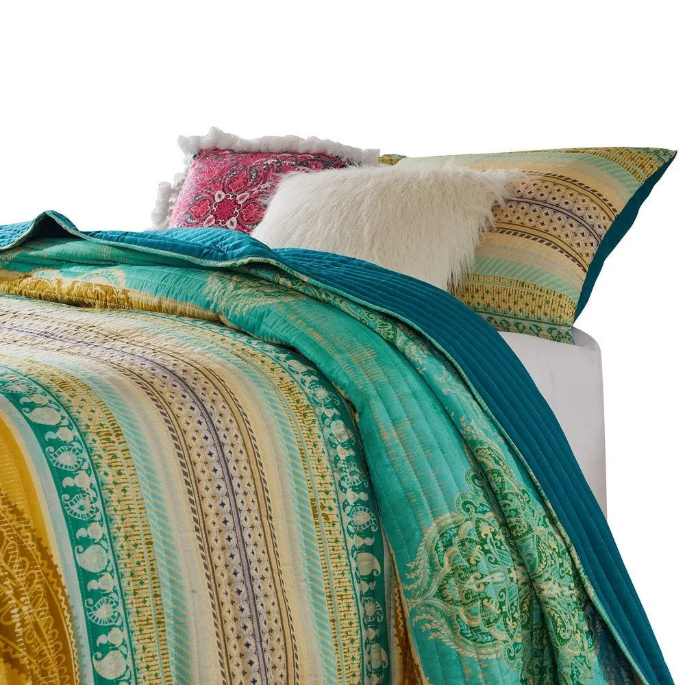 Dora 3 Piece Bohemian Full Quilt Set, Medallion, Paisley, Blue, Green By Casagear Home