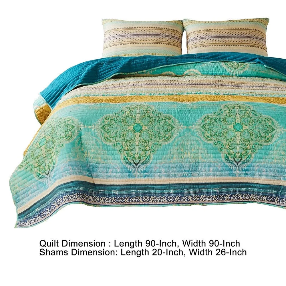 Dora 3 Piece Bohemian Full Quilt Set, Medallion, Paisley, Blue, Green By Casagear Home