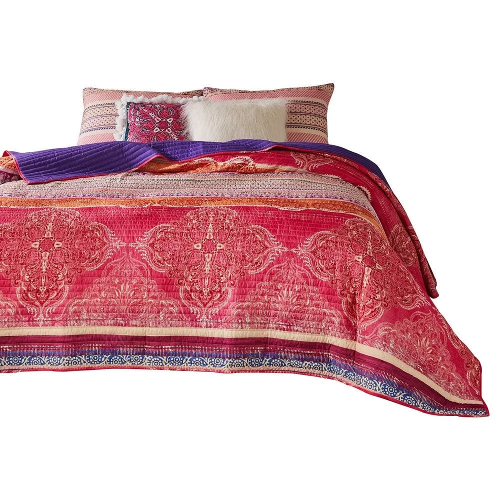 Dora 3 Piece Bohemian Full Quilt Set, Medallion, Paisley, Pink, Blue By Casagear Home