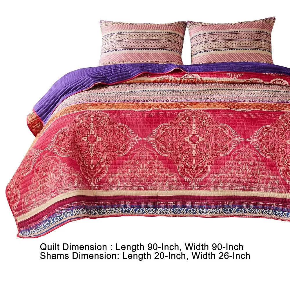 Dora 3 Piece Bohemian Full Quilt Set, Medallion, Paisley, Pink, Blue By Casagear Home