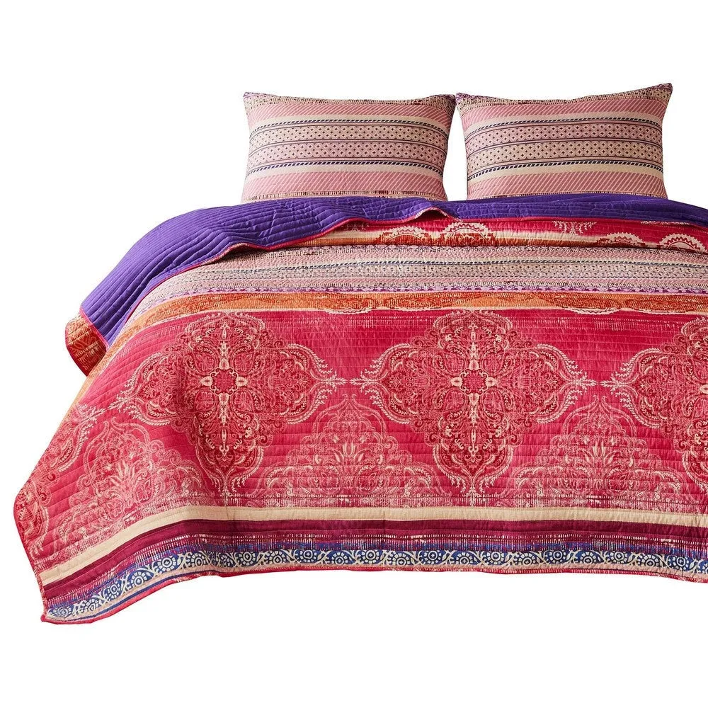 Dora 3 Piece Bohemian Full Quilt Set, Medallion, Paisley, Pink, Blue By Casagear Home