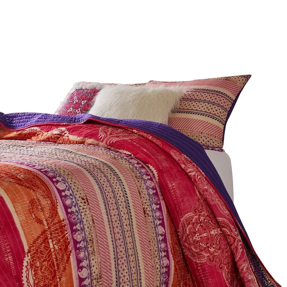 Dora 3 Piece Bohemian Full Quilt Set, Medallion, Paisley, Pink, Blue By Casagear Home