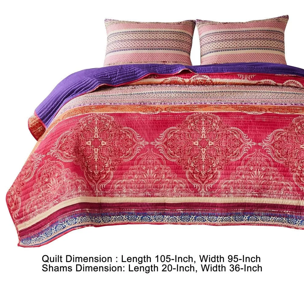 Dora 3 Piece Bohemian King Quilt Set, Medallion, Paisley, Pink, Blue By Casagear Home