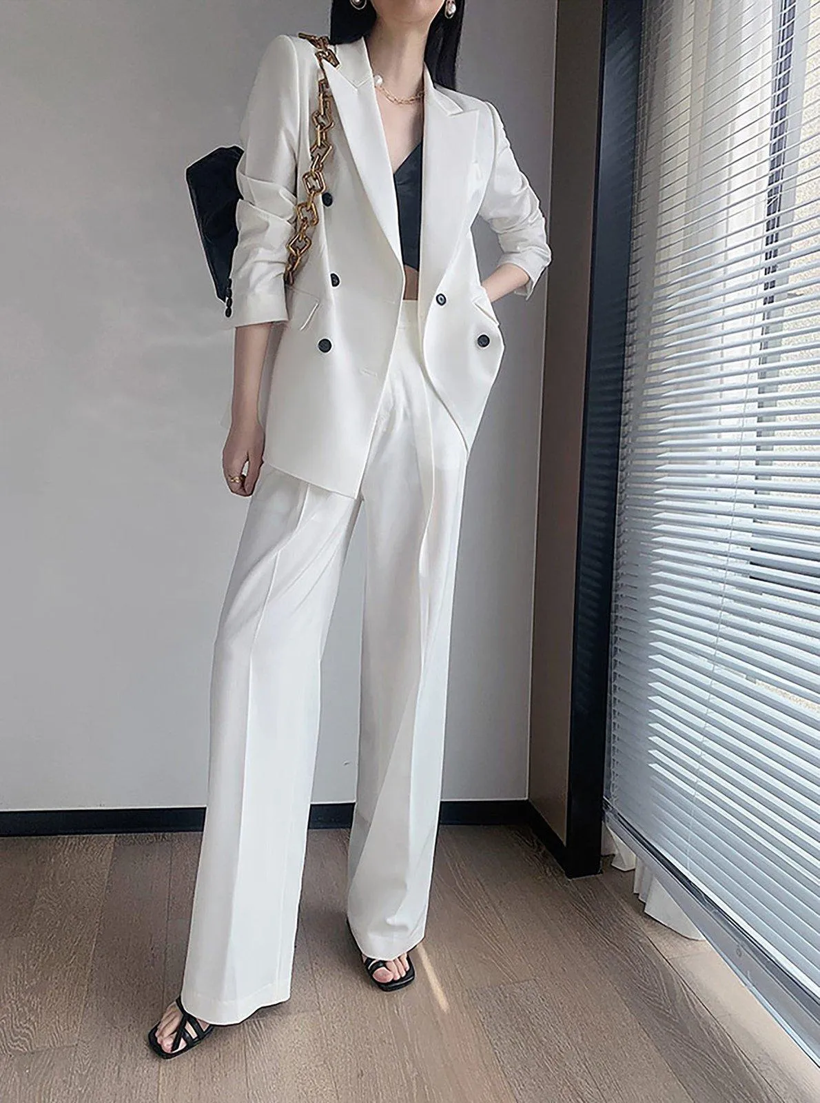 Double Berasted Blazer & Flare Pant Suit Set