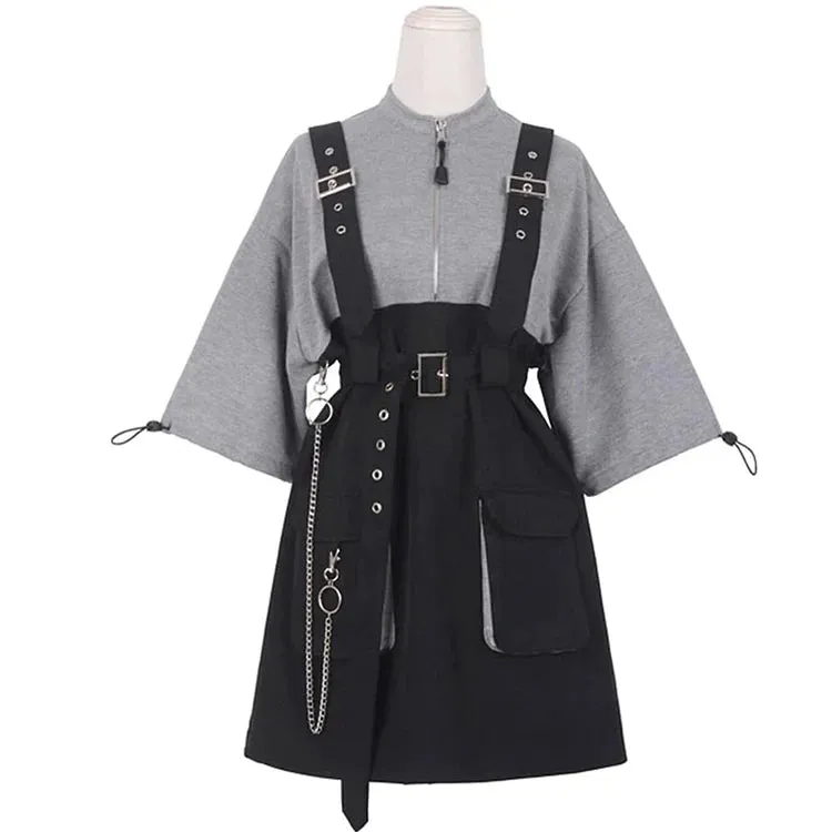 Edgy Punk Zipper Chain Pocket Belt T-Shirt Dress