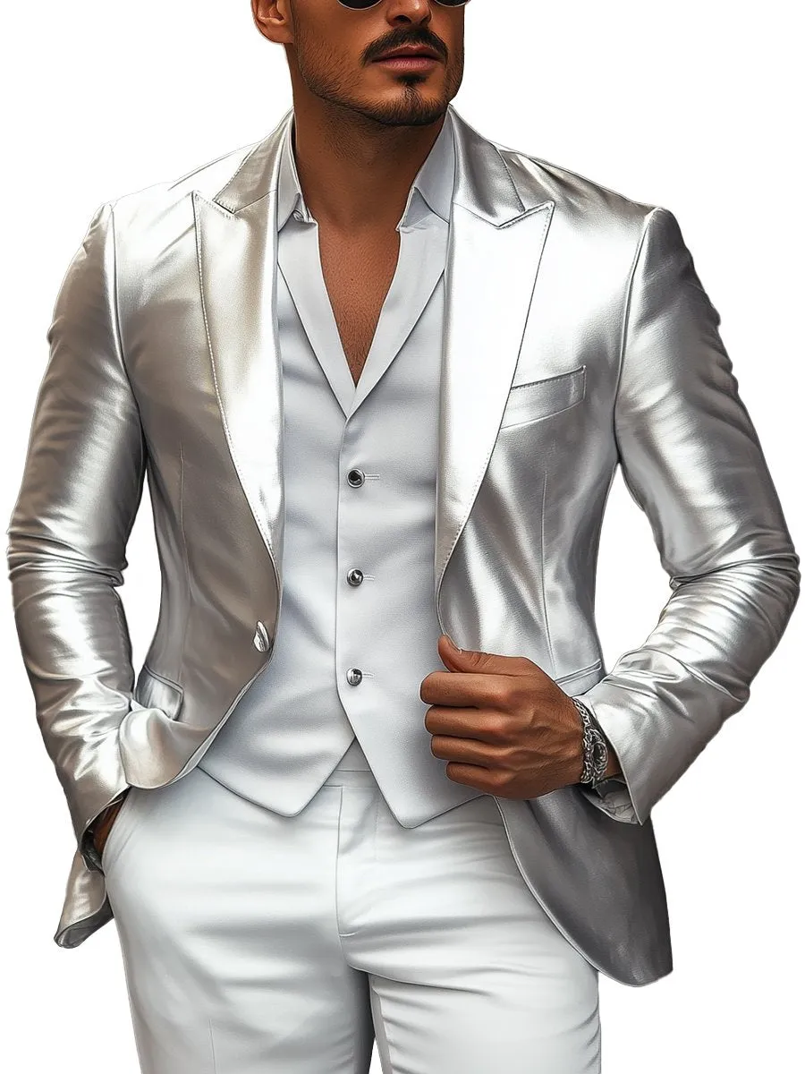 Elegant Silver Satin Single Breasted Blazer