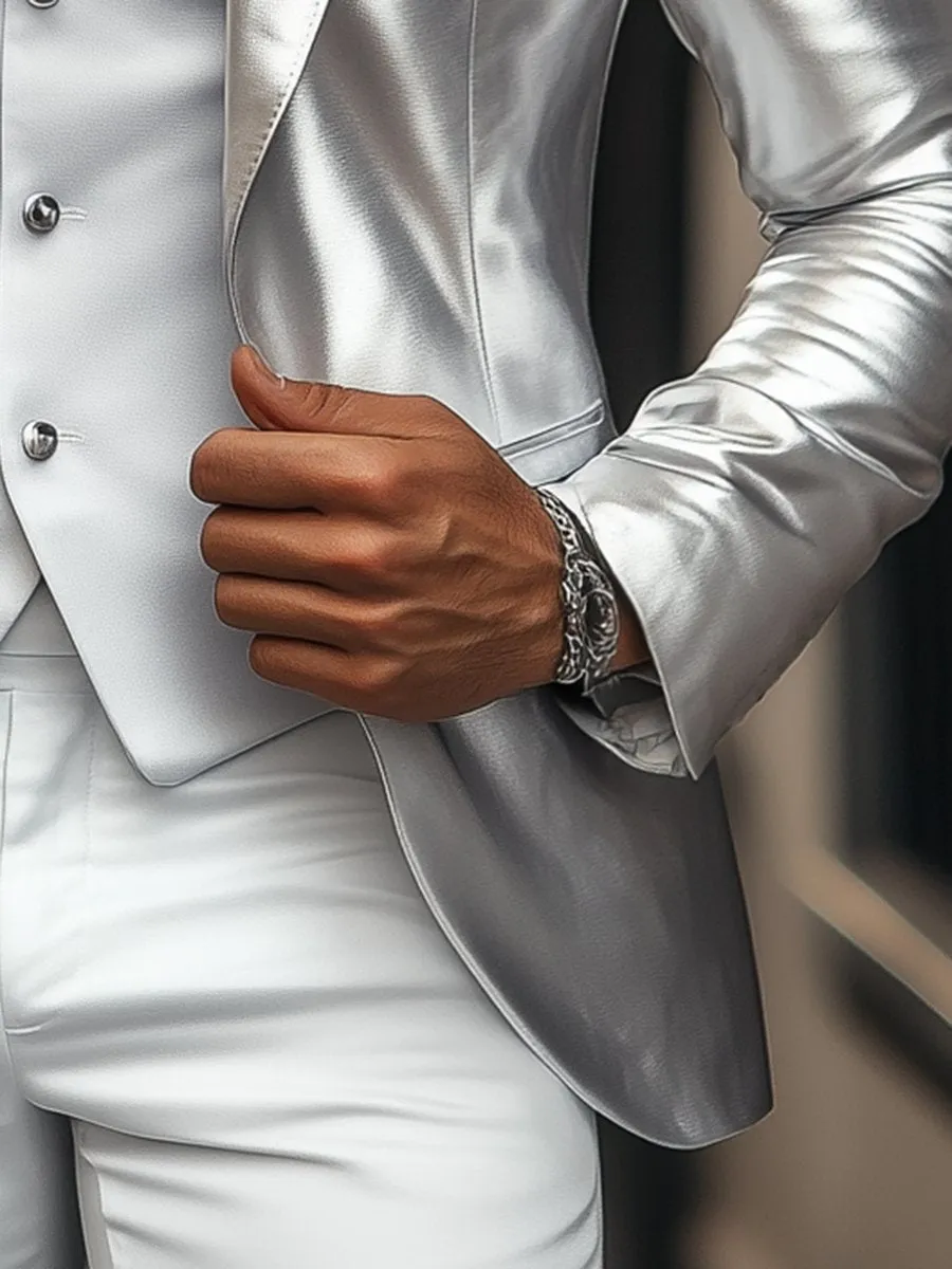 Elegant Silver Satin Single Breasted Blazer