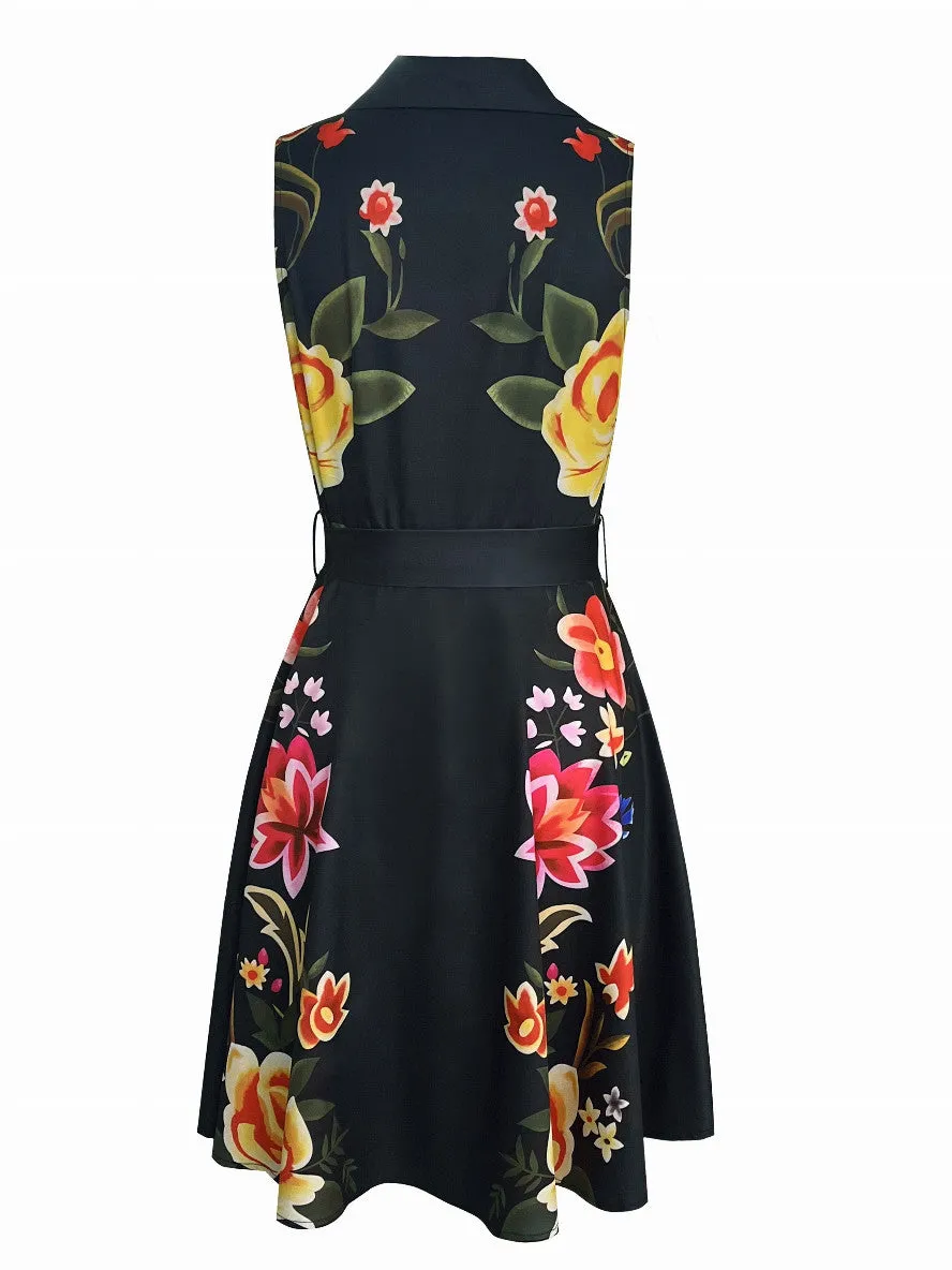 Elegant Sleeveless Ruffle Dress with Floral Print & Button Belt – Chic & Comfortable