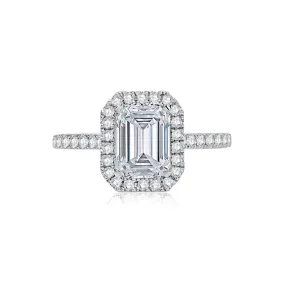 Emerald Cut Diamond Halo Engagement Ring with Quilted Interior