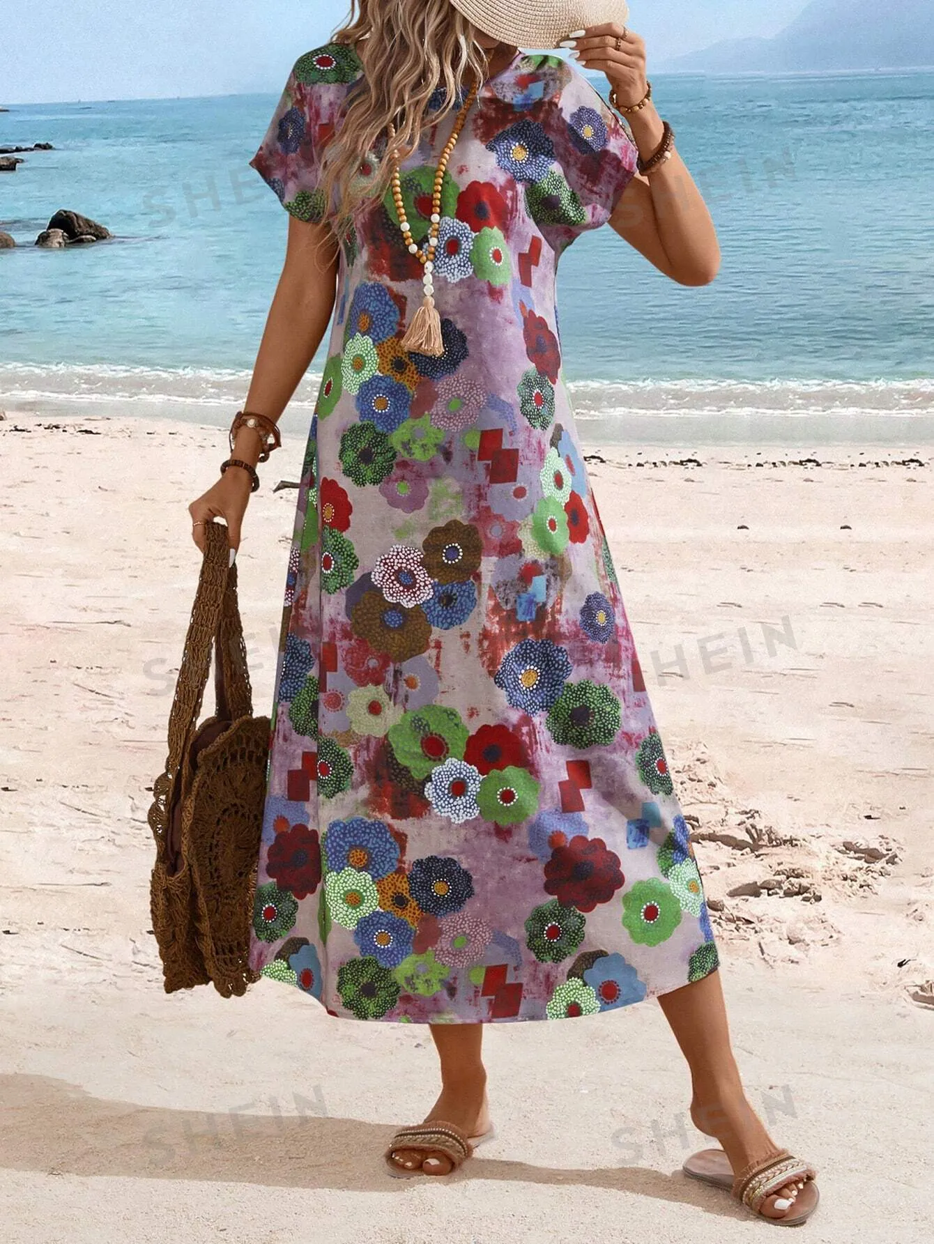 EMERY ROSE Women's Summer Vintage Floral Print Dress With Round Neckline And Short Sleeves