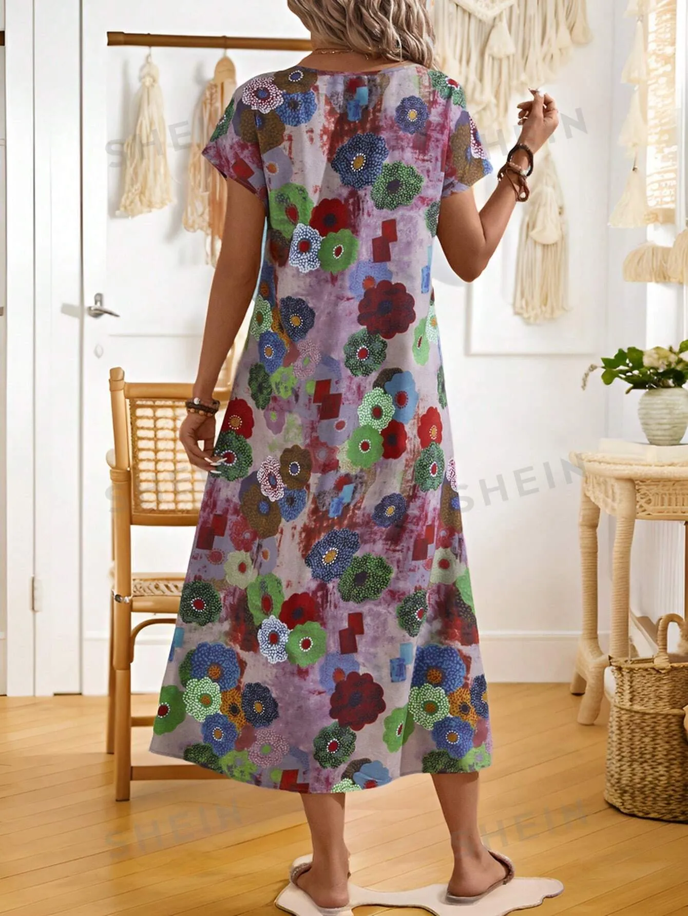 EMERY ROSE Women's Summer Vintage Floral Print Dress With Round Neckline And Short Sleeves