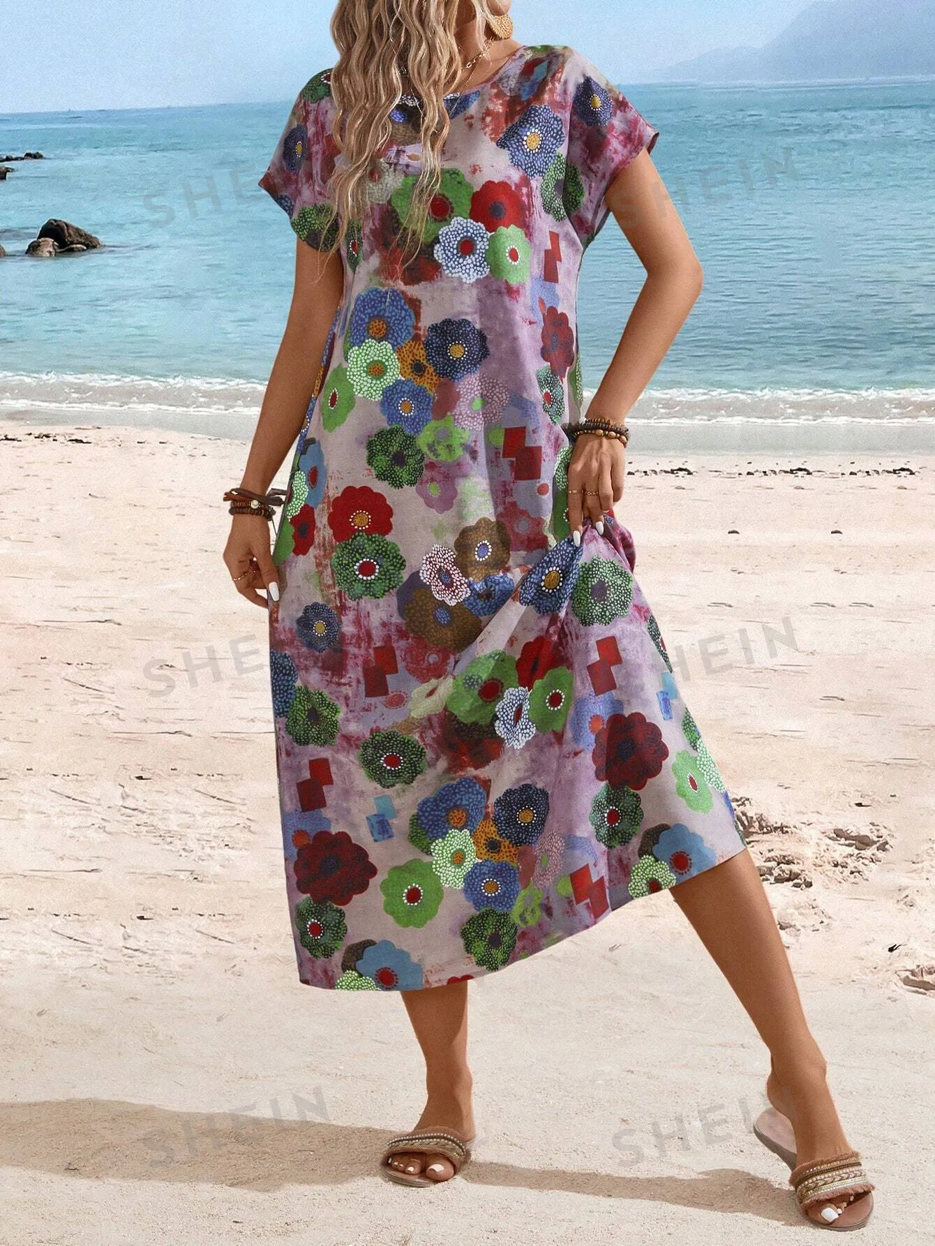 EMERY ROSE Women's Summer Vintage Floral Print Dress With Round Neckline And Short Sleeves