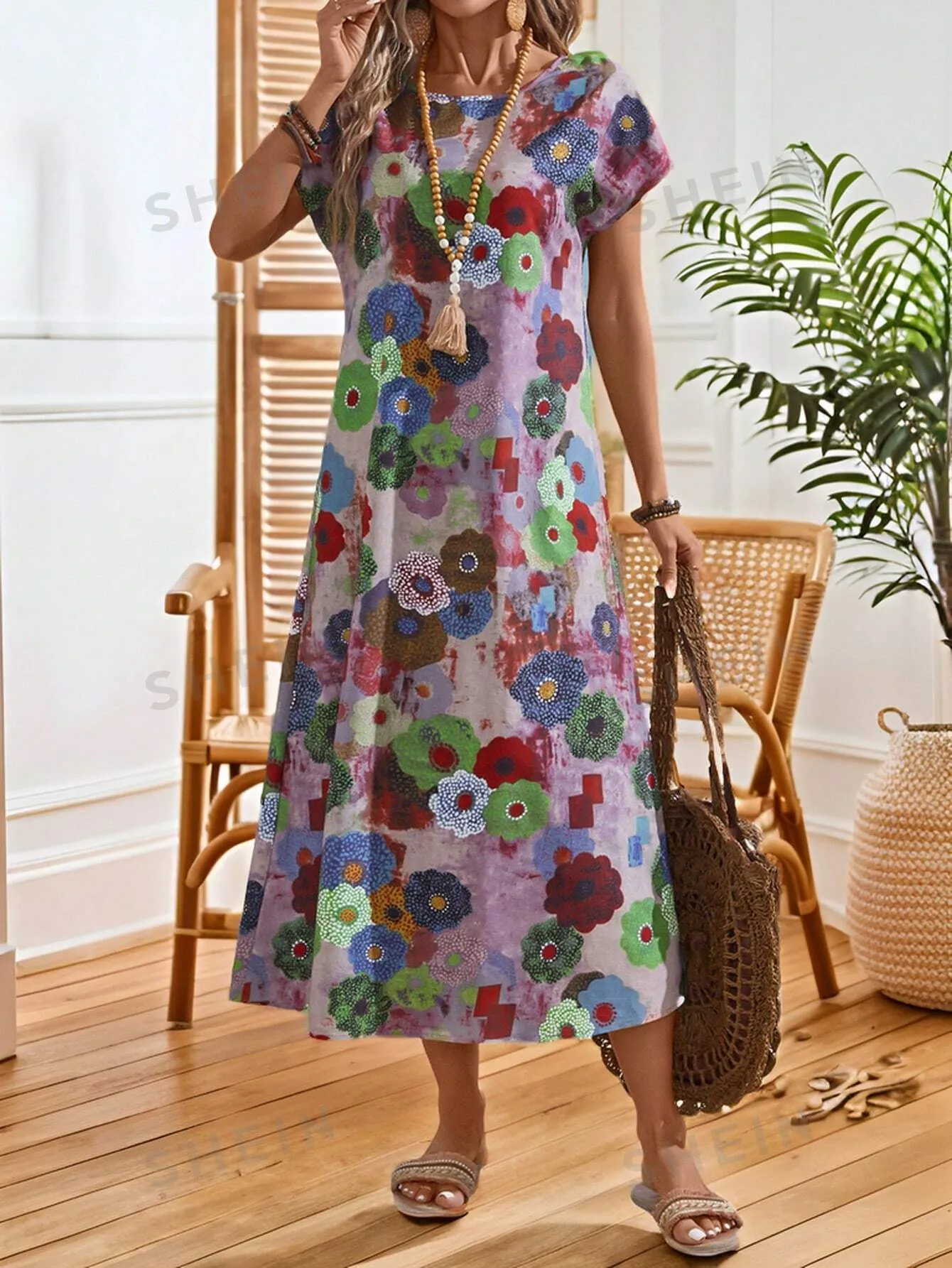 EMERY ROSE Women's Summer Vintage Floral Print Dress With Round Neckline And Short Sleeves