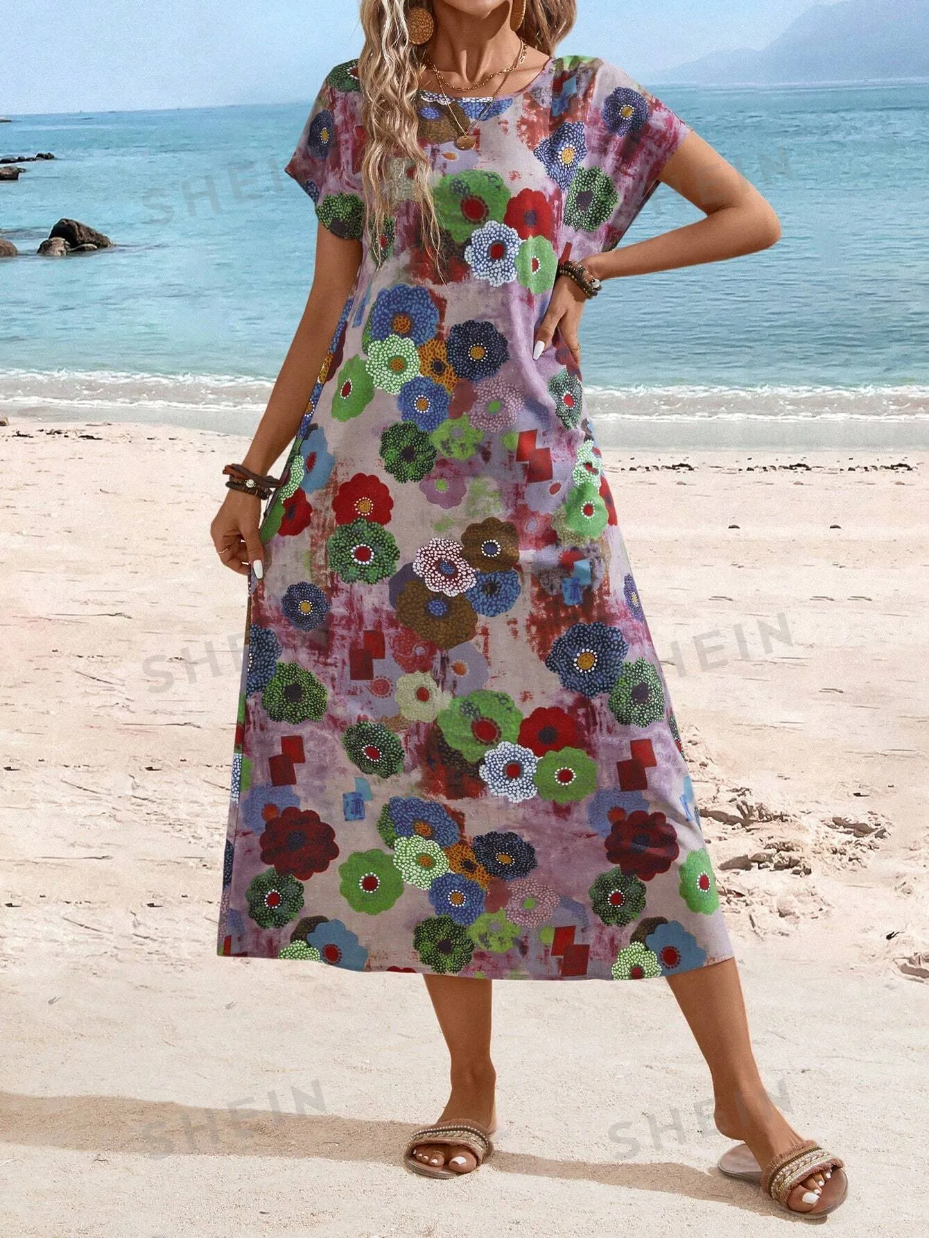 EMERY ROSE Women's Summer Vintage Floral Print Dress With Round Neckline And Short Sleeves