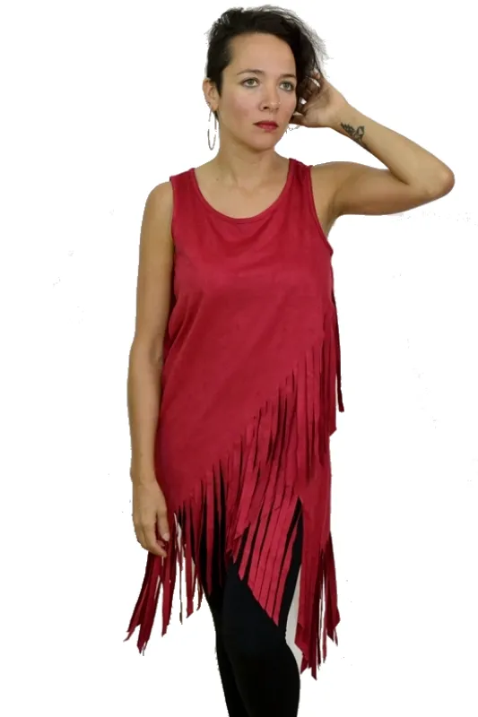 Faux Suede Hippie Fringe Top - Red