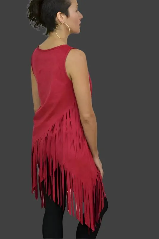 Faux Suede Hippie Fringe Top - Red