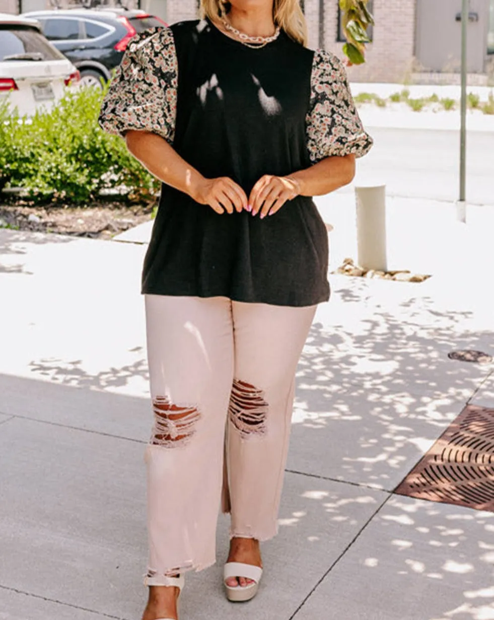 Floral Bubble Sleeve Tunic Top Plus Size