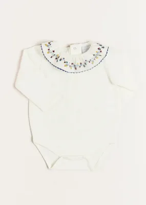 Floral Embroidered Collar Long Sleeve Bodysuit in Blue (1mth-3yrs)