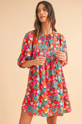 Floral Tie Split Neck Bubble Sleeve Babydoll Dress