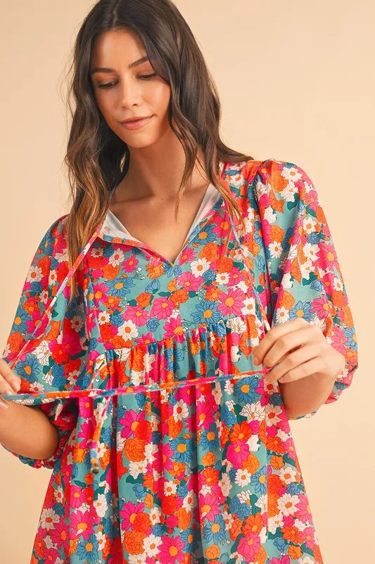 Floral Tie Split Neck Bubble Sleeve Babydoll Dress