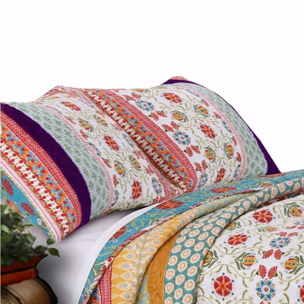 Geometric and Floral Print Full Size Quilt Set with 2 Shams, Multicolor By Casagear Home