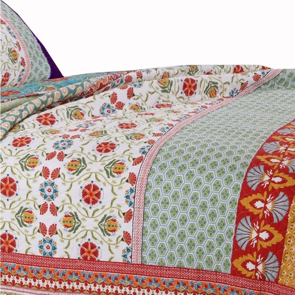 Geometric and Floral Print Twin Size Quilt Set with 1 Sham, Multicolor By Casagear Home