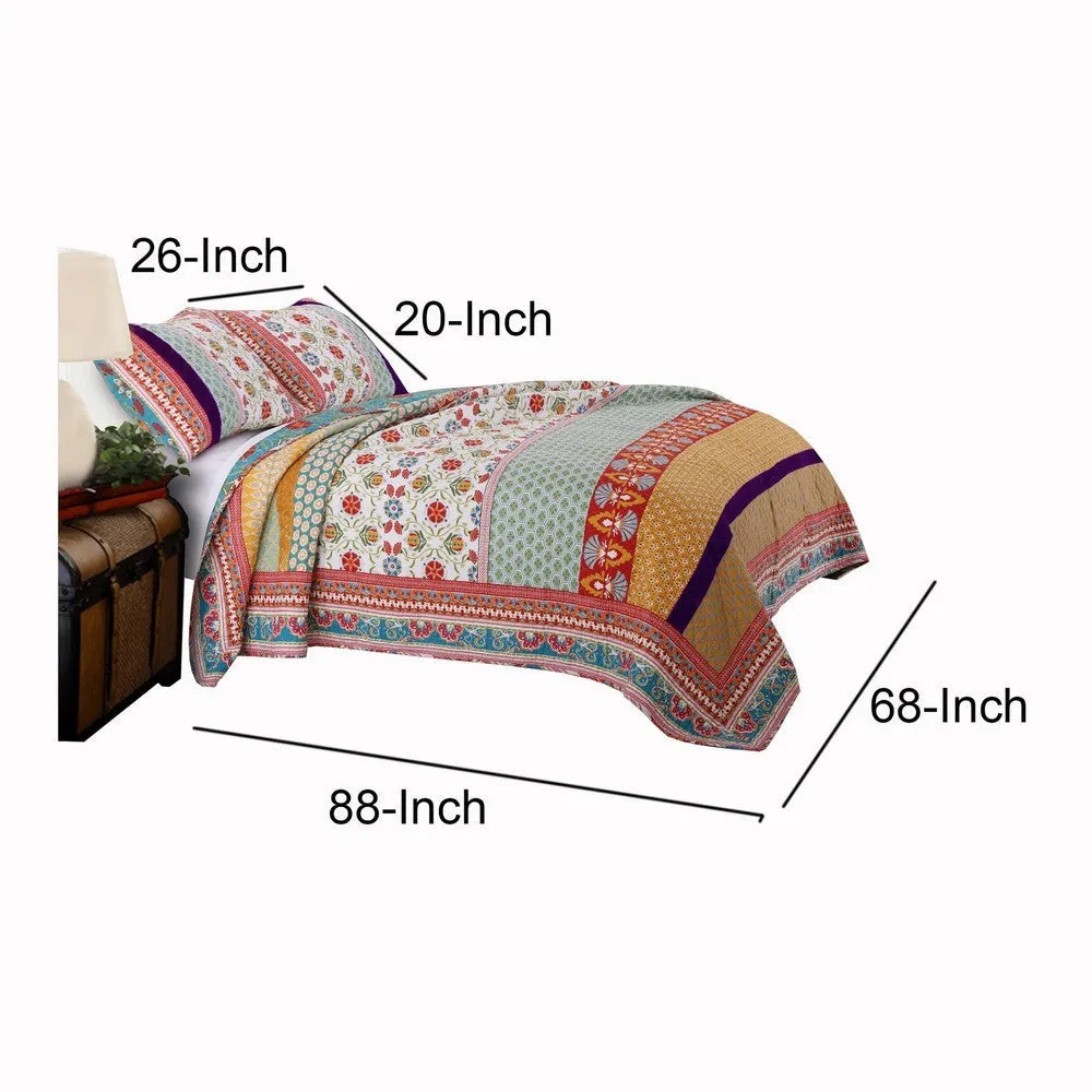 Geometric and Floral Print Twin Size Quilt Set with 1 Sham, Multicolor By Casagear Home